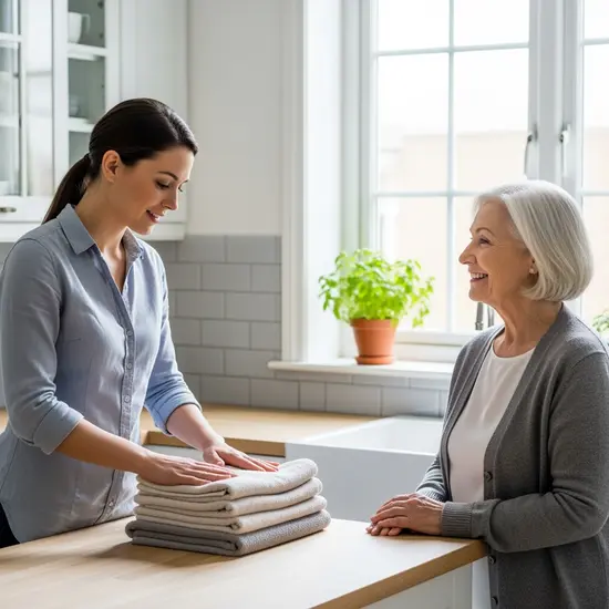 Haushaltshilfe faltet frische Wäsche in heller Küche, ältere Dame blickt dankbar zu, freundliche Szene.