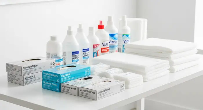 Pflegehilfsmittel wie Einmalhandschuhe, Desinfektionsmittel und Bettschutzeinlagen ordentlich auf einem Tisch arrangiert, sauberer Hintergrund.