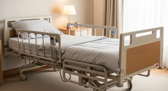 Pflegebett mit Seitengittern in einem hellen Schlafzimmer, Nachttisch mit Lampe, aufgeräumte Umgebung.