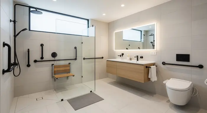Modernes, barrierefreies Badezimmer mit bodengleicher Dusche, Haltegriffen und Duschsitz, helle Fliesen.