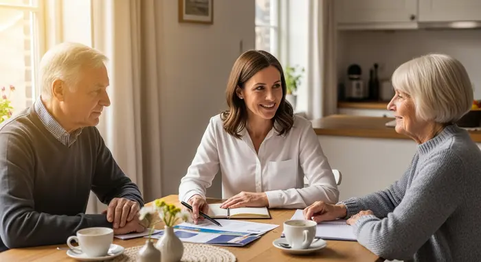 Beraterin bespricht Pflegeleistungen mit älterem Ehepaar am Küchentisch, Unterlagen und Notizblock liegen bereit, warmes Tageslicht, vertrauensvolle Atmosphäre.