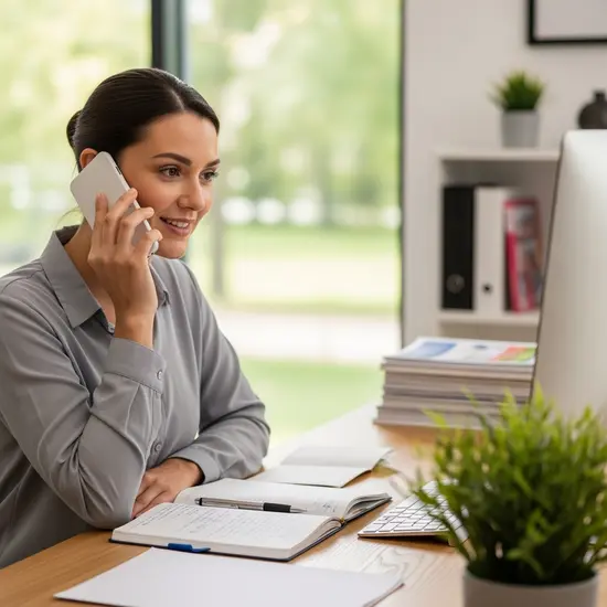 Pflegeberaterin telefoniert in ruhiger Büroumgebung, Notizen vor sich, freundlicher Ton.