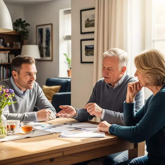 Berater besucht Senior und Angehörige zu Hause, erklärt Unterlagen am Esstisch.