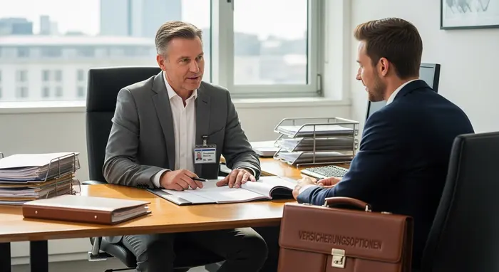 Beamter in heller Amtsstube bespricht Versicherungsoptionen mit Berater, Aktenmappe und Dienstausweis sichtbar.