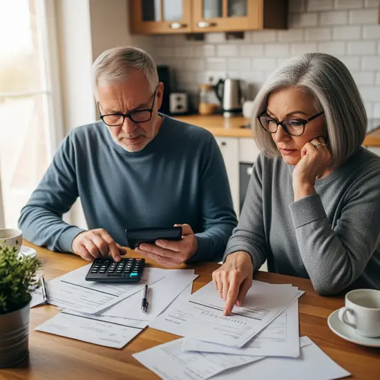 Älteres Paar rechnet am Küchentisch mit Taschenrechner und Unterlagen, konzentrierter Blick.