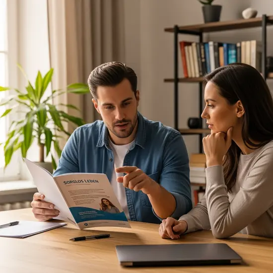 Mann zeigt seiner Partnerin eine Versicherungsbroschüre, beide besprechen Optionen in ruhiger Wohnatmosphäre.