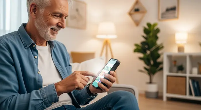 Senior bedient ein Smartphone zu Hause, lächelt zufrieden, moderne Technik leicht verständlich genutzt.