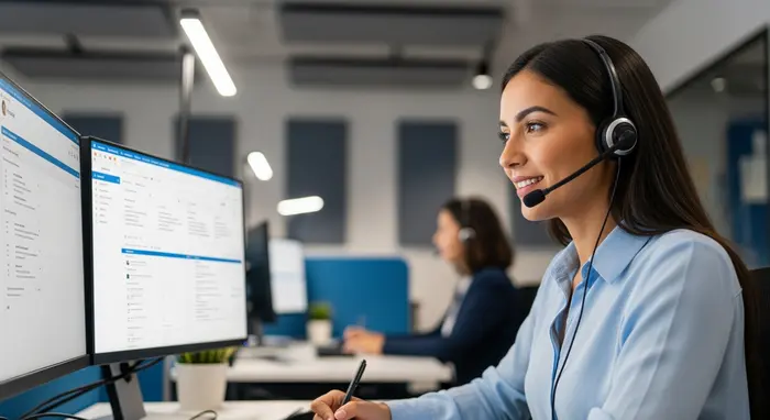 Freundliche Service-Mitarbeiterin mit Headset in modernem Callcenter, konzentriert und hilfsbereit.