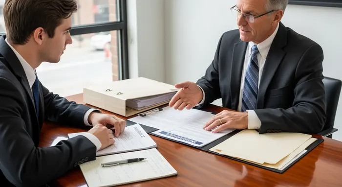 Junger Beamter in Büroumgebung bespricht Versicherungsunterlagen mit Berater, Aktenordner und Notizblock auf dem Tisch, sachliche Atmosphäre.