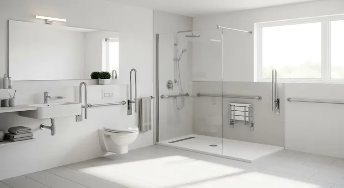 Barrierefreies Badezimmer mit Haltegriffen und bodengleicher Dusche, modern und hell.