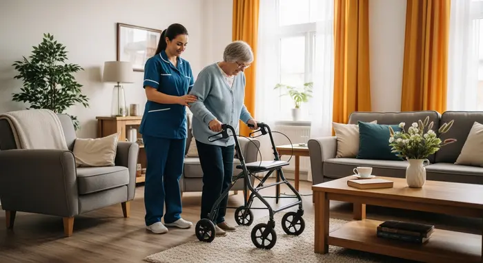 Pflegerin hilft Senior beim Gehen mit Rollator im Wohnzimmer, freundliche Atmosphäre.