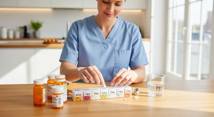 Pflegekraft sortiert Medikamente in Wochendispenser auf hellem Küchentisch.