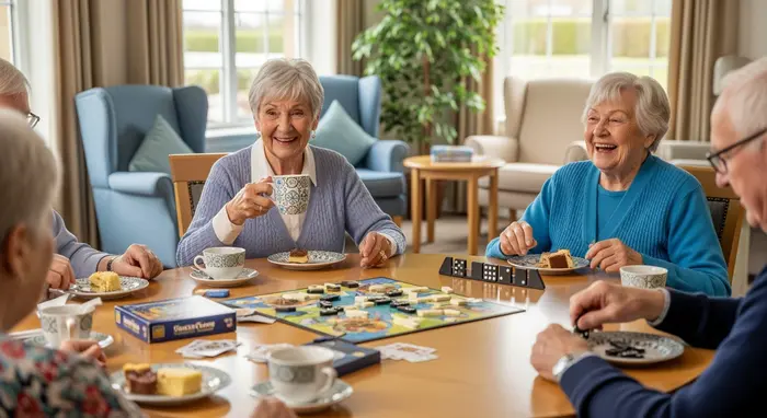 Senior besucht eine Tagespflegeeinrichtung, gesellige Runde mit Kaffee und Spielen.