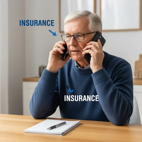 Senior ruft mit Telefon bei einer Versicherung an, Notizzettel und Stift liegen bereit.