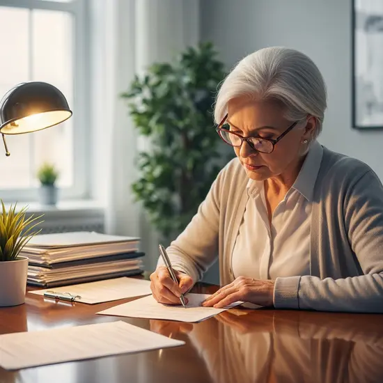 Ältere Frau füllt sorgfältig ein Formular am Schreibtisch aus, ordentliche Unterlagen daneben.