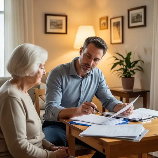Medizinischer Gutachter besucht Seniorin zu Hause, schaut sich Unterlagen an, ruhige Wohnumgebung.