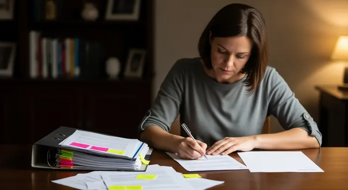 Erwachsene Frau formuliert einen Widerspruchsbrief am Schreibtisch, Aktenordner und markierte Unterlagen daneben.