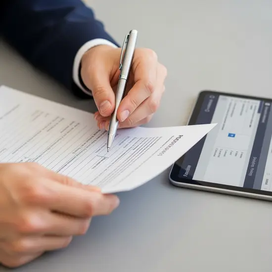 Detailansicht von Händen, die ein Formular und einen Stift halten; daneben liegt ein Tablet, neutrale Umgebung, Fokus auf Beratung und Organisation.