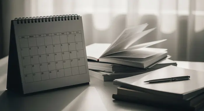 Symbolische Szene: Tischkalender ohne lesbaren Text, daneben Unterlagen und ein Stift; sanftes Tageslicht, neutrale Farbgebung.
