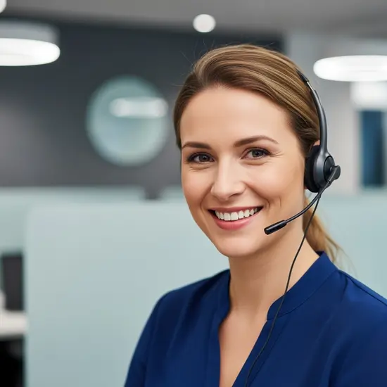 Freundlicher Kundenservice: Mitarbeiterin mit Headset lächelt in einem modernen Servicecenter, neutraler Hintergrund.