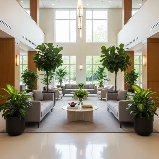 Heller Empfangsbereich eines Bürogebäudes mit Sitzgruppe und Pflanzen; keine Schilder oder lesbare Beschriftungen.