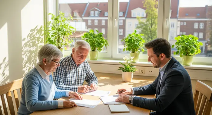 Helles Beratungsbüro in Lüneburg: Ein älteres Paar sitzt mit einem Versicherungsberater am Tisch, alle schauen auf Unterlagen, freundliche Atmosphäre, Pflanzen und Fensterlicht im Hintergrund.