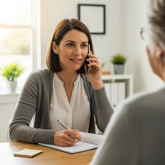Pflegeberaterin sitzt mit älterer Dame am Telefon, Notizblock und Stift bereit, ruhiges Heimbüro, freundliche Haltung.