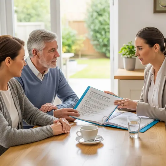 Berater besucht Familie zu Hause: bespricht Pflegeoptionen am Küchentisch mit Senior und Tochter, Informationsmappe offen.
