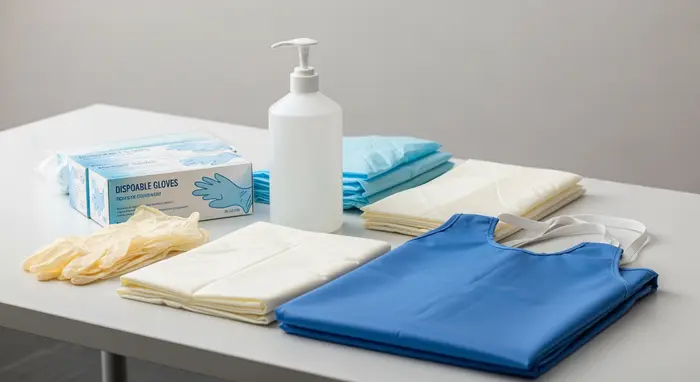 Set aus Pflegehilfsmitteln: Einmalhandschuhe, Desinfektionsmittel, Bettschutzeinlagen und Schutzschürzen ordentlich auf einem Tisch arrangiert, neutrale Umgebung.