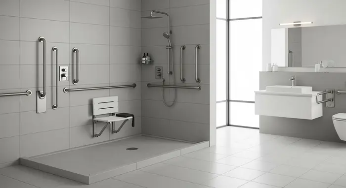 Barrierefreies Badezimmer mit bodengleicher Dusche, Duschsitz und Haltegriffen, helle Fliesen, modernes Design.