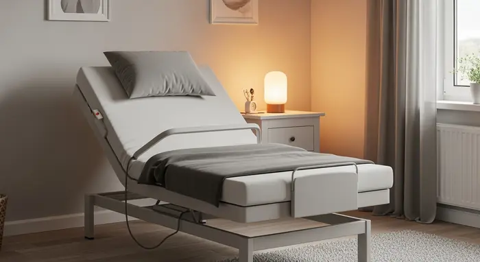 Pflegebett im Schlafzimmer, verstellbares Kopfteil, Nachttisch mit Lampe, aufgeräumte, warme Atmosphäre.