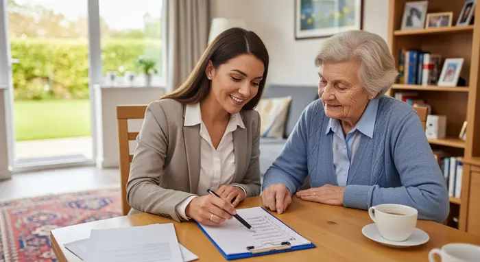 Pflegeberaterin besucht ältere Dame zu Hause, prüft gemeinsam eine Checkliste, beide sitzen entspannt am Wohnzimmertisch, freundliche Beratungssituation.