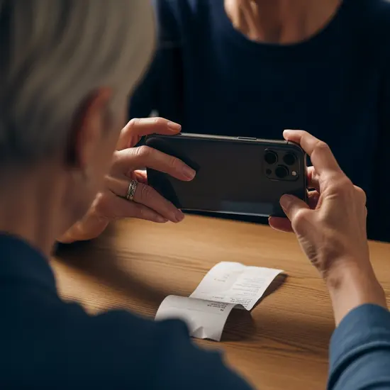 Seniorin fotografiert mit einem modernen Smartphone eine Rechnung auf einem Holztisch, gute Beleuchtung, Fokus auf Handlung, keine lesbare Schrift.