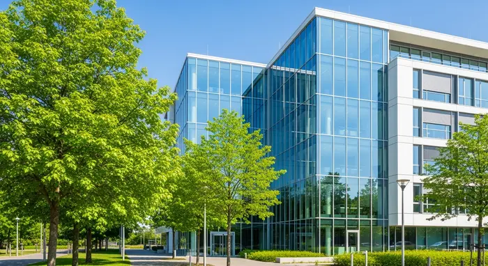 Modernes Verwaltungsgebäude mit Glasfassade in einer grünen Umgebung, klare Linien, Bäume und Gehweg im Vordergrund, sonniger Tag.