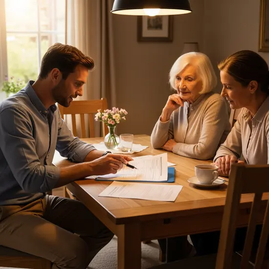 Pflegegutachter in ziviler Kleidung sitzt am Esstisch mit Seniorin und Tochter, erklärt Unterlagen zur Pflegebegutachtung, warmes Licht, respektvolle Atmosphäre.
