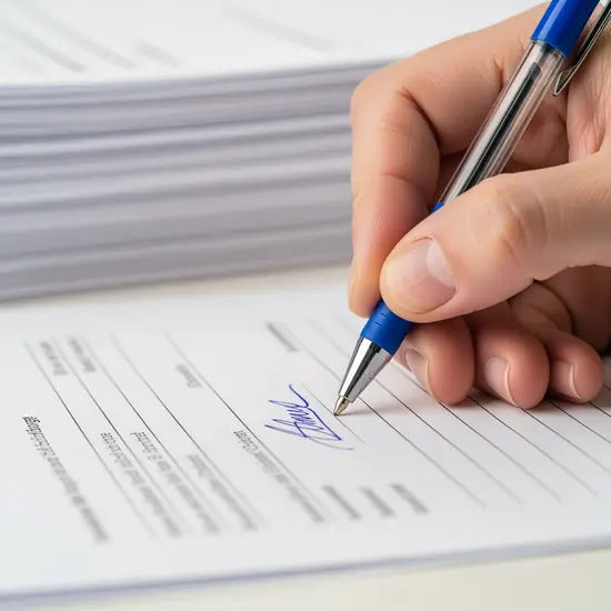 Hand eines Erwachsenen unterschreibt ein Formular mit Kugelschreiber, Unterlagen ordentlich gestapelt, Fokus auf die Unterschrift.