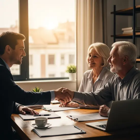 Vertrauensvolles Gespräch: Versicherungsberater und älteres Paar geben sich die Hand am Ende eines Beratungsgesprächs, warme Büroatmosphäre.