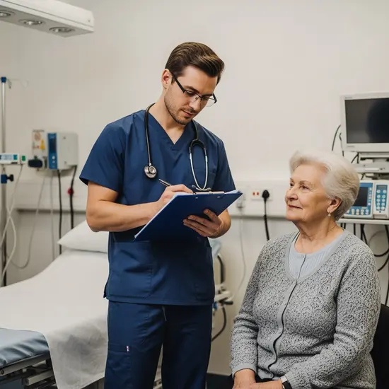 Pflegefachkraft notiert Beobachtungen auf einem Klemmbrett neben einer Seniorin, sachliche Umgebung, konzentrierte Situation.