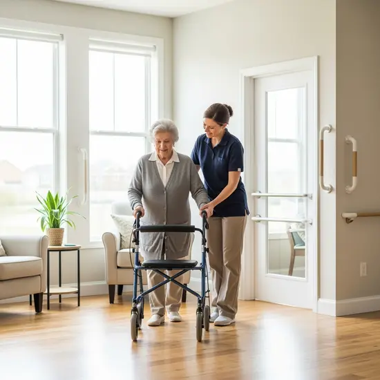Pflegekraft unterstützt Seniorin beim Gehen mit Gehbock in einer hellen Wohnung, Sicherheitsgriffe sichtbar, ruhige Szene.