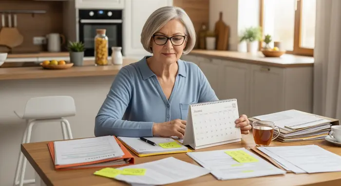 Seniorin sitzt am Küchentisch und schaut auf einen Kalender und geordnete Unterlagen zur Pflege, ruhiges, gut beleuchtetes Ambiente.