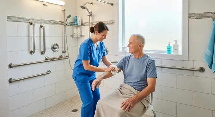 Pflegerin hilft einem älteren Herrn beim Waschen im Badezimmer, rückenschonende Haltung, Haltegriffe sichtbar.