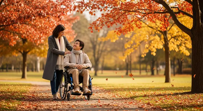 Rollstuhlfahrer mit Angehöriger beim Spaziergang im Park, herbstliches Licht, freundliche Stimmung.