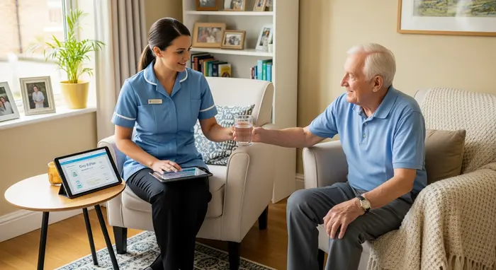 Ambulanter Pflegedienst: Pflegerin reicht Senior im Wohnzimmer ein Glas Wasser und überprüft einen Pflegeplan, freundliche, aufgeräumte Umgebung.