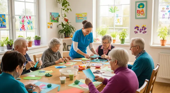 Tagespflege: Seniorengruppe sitzt an einem großen Tisch und bastelt, Betreuerin unterstützt, helle Räume, gemütliche Atmosphäre.