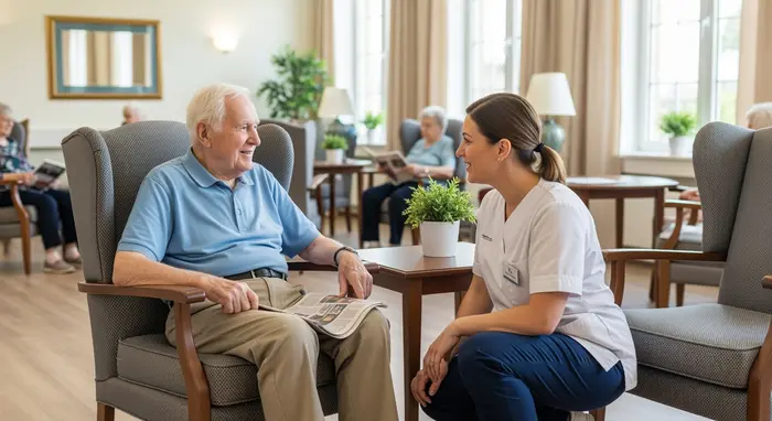 Pflegeheim: Älterer Herr sitzt zufrieden in einem Sessel im Gemeinschaftsraum, Pflegerin spricht mit ihm, ruhige, gepflegte Einrichtung.