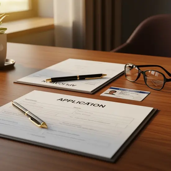 Auf einem Holztisch liegen sauber geordnete Antragsformulare, Kugelschreiber und ein Ausweis, daneben eine Brille; warmes Licht, neutrale Umgebung.
