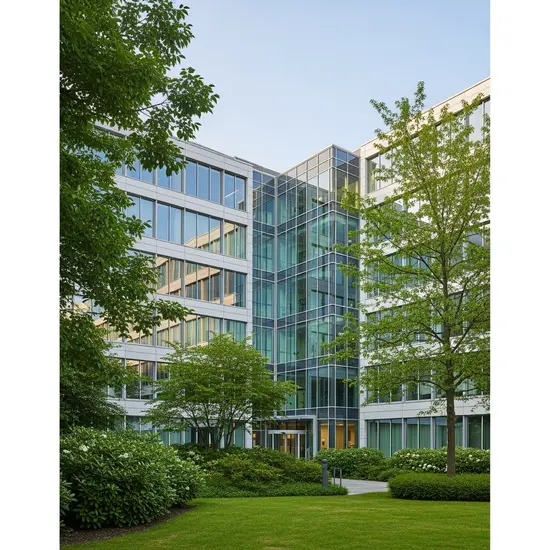 Moderne Versicherungszentrale in Hannover, lichtdurchflutete Glasfassade, Grünflächen davor, freundliche Atmosphäre, keine lesbaren Schilder