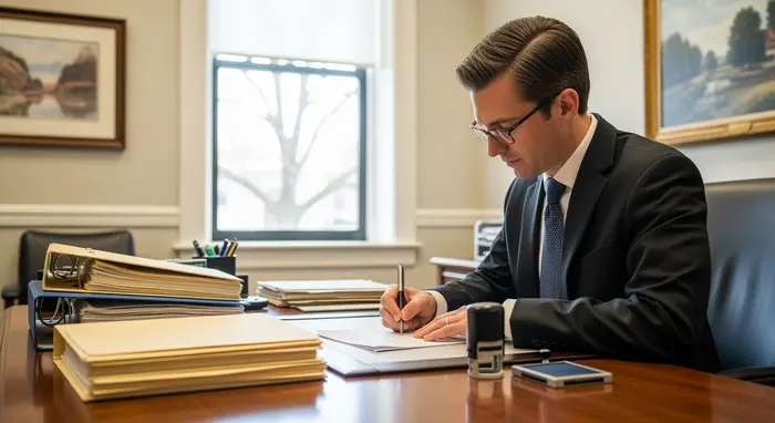 Beamter im Anzug füllt in ruhigem Amtszimmer Formulare aus, Aktenordner und Stempel liegen bereit.