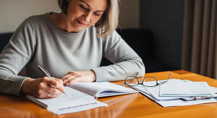Pflegeprotokoll wird von Angehöriger sorgfältig ausgefüllt, Unterlagen und Brille auf dem Tisch.