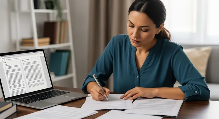 Erwachsene Tochter formuliert am Schreibtisch einen Widerspruchsbrief, konzentrierter Blick, Papier und Laptop.